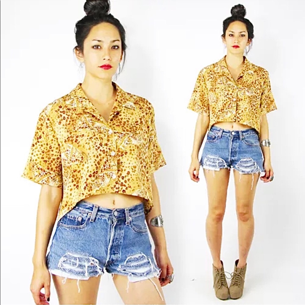 Vtg 80s 90s Y2K Leopard Animal Novelty Print Hi Low Oversized Crop Shirt Top S M
